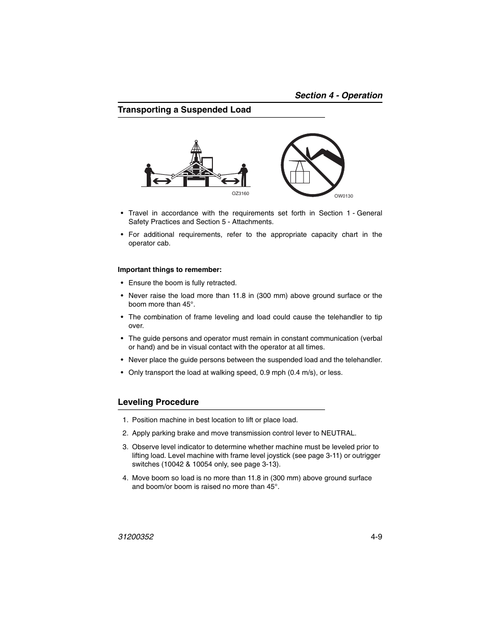 Transporting a suspended load, Leveling procedure | SkyTrak 10054 Operation Manual User Manual | Page 69 / 170