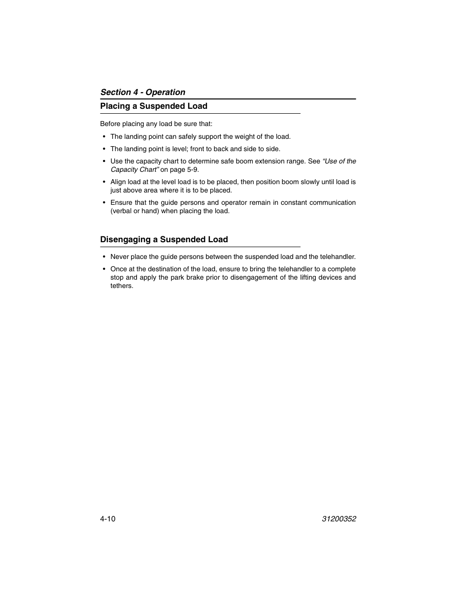 Placing a suspended load, Disengaging a suspended load | SkyTrak 10054 Operation Manual User Manual | Page 70 / 170