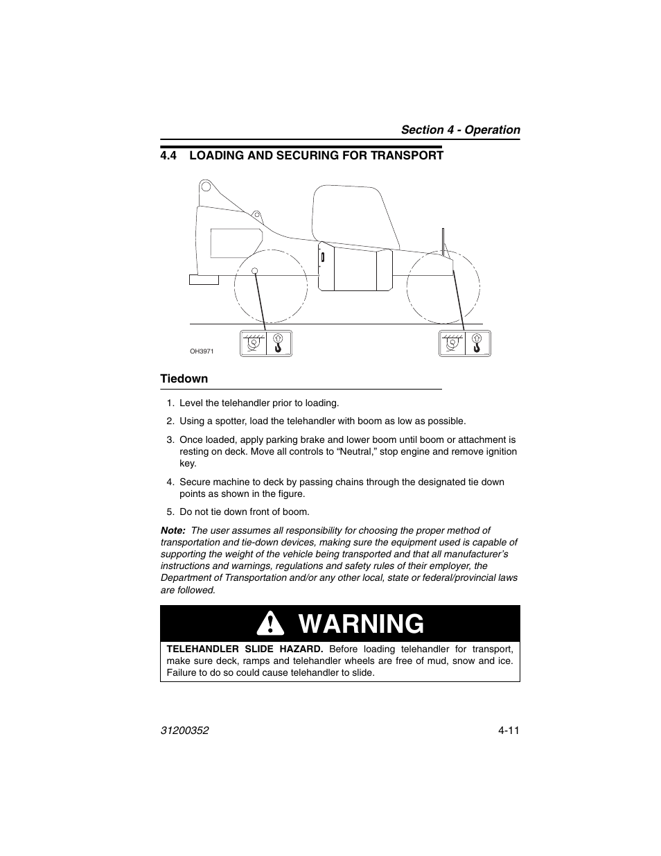 4 loading and securing for transport, Tiedown, 4 loading and securing for transport -11 | Tiedown -11, Warning | SkyTrak 10054 Operation Manual User Manual | Page 71 / 170