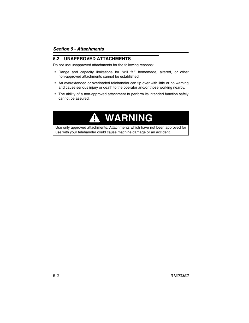 2 unapproved attachments, 2 unapproved attachments -2, Warning | SkyTrak 10054 Operation Manual User Manual | Page 74 / 170