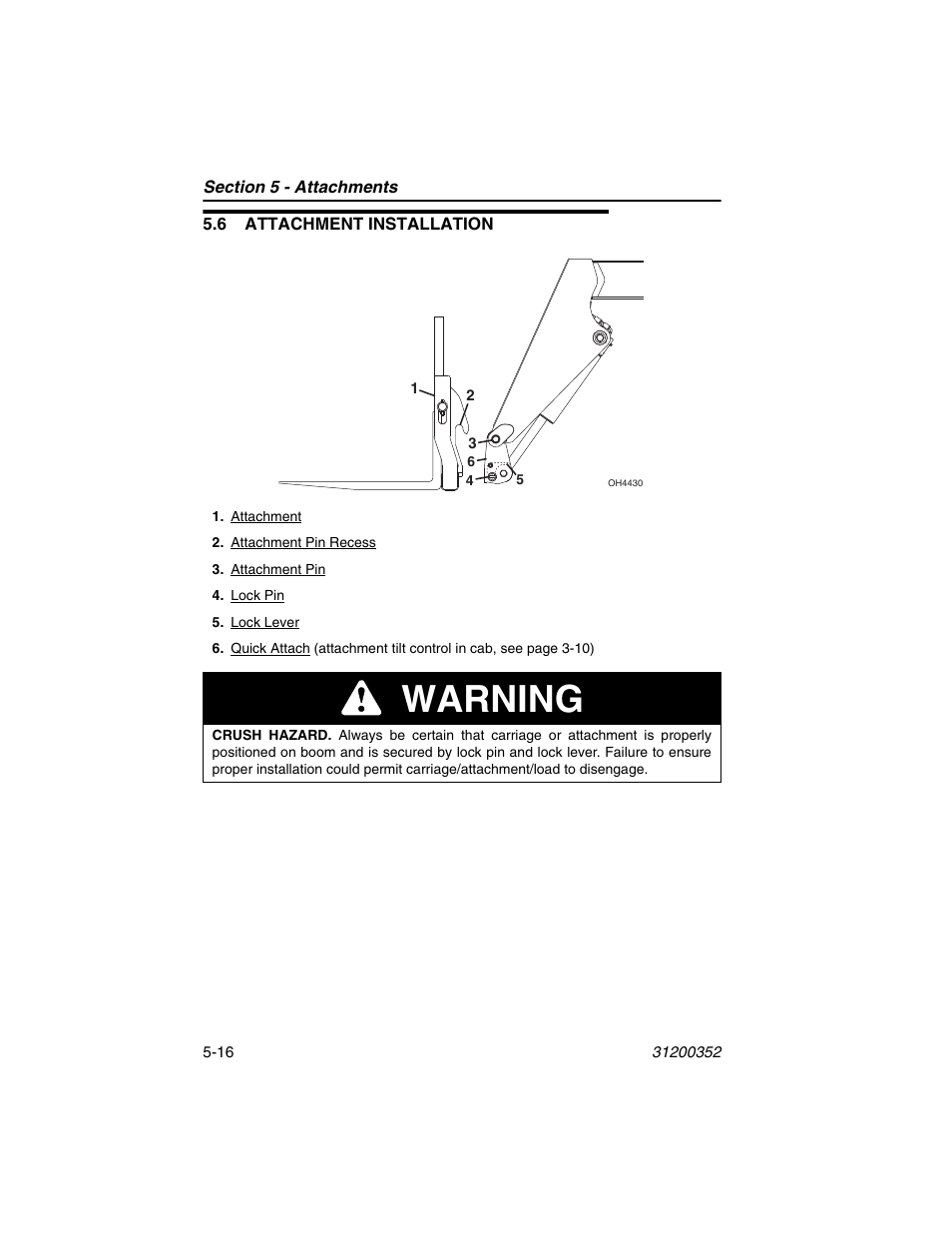 6 attachment installation, 6 attachment installation -16, Warning | SkyTrak 10054 Operation Manual User Manual | Page 88 / 170