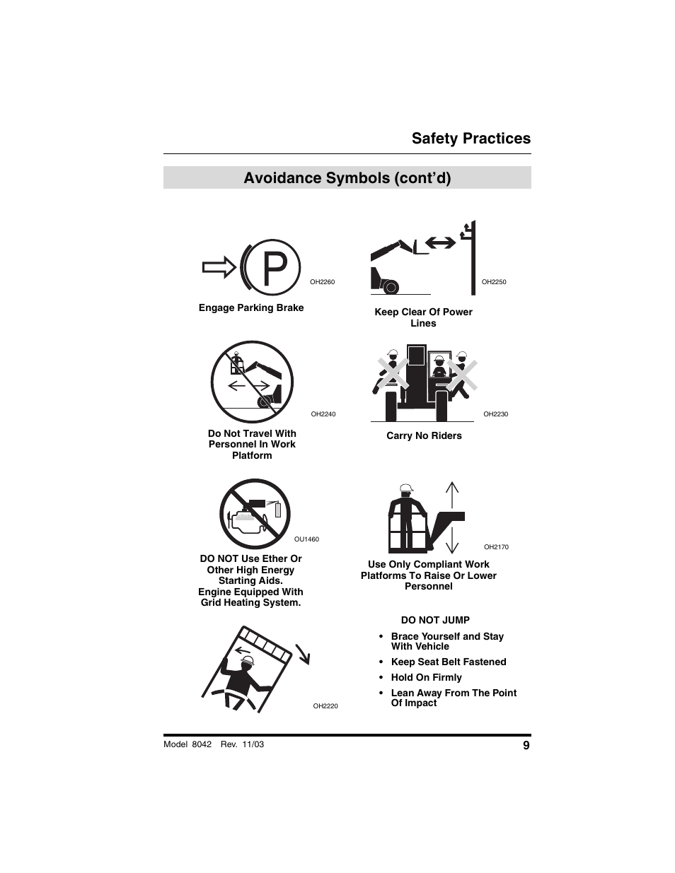 Avoidance symbols (cont’d), Safety practices | SkyTrak 8042 Operation Manual User Manual | Page 11 / 190
