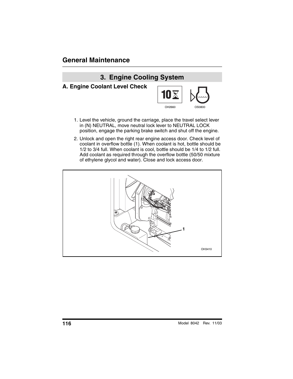  engine cooling system, A. engine coolant level check, Engine cooling system | General maintenance | SkyTrak 8042 Operation Manual User Manual | Page 118 / 190