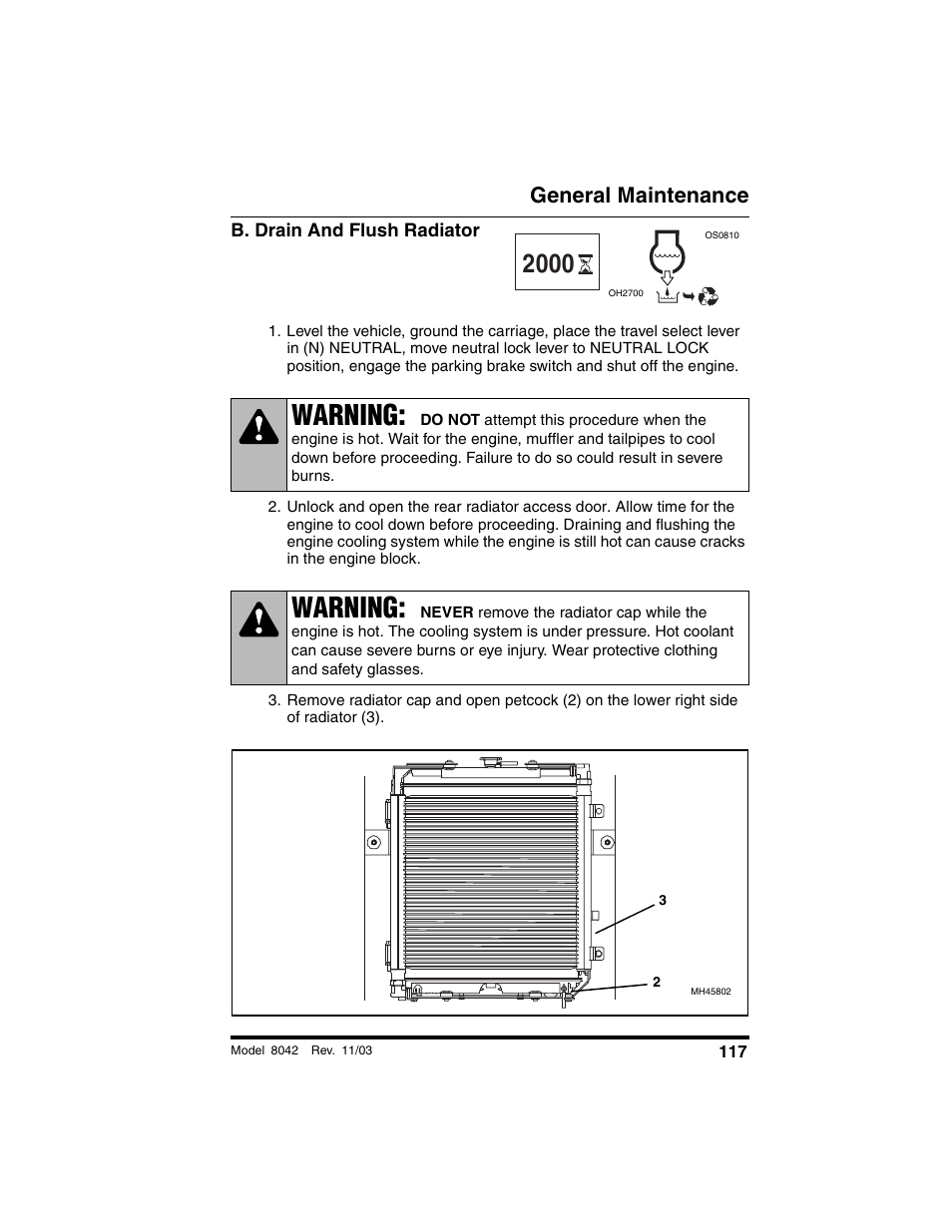 B. drain and flush radiator, Warning, General maintenance | SkyTrak 8042 Operation Manual User Manual | Page 119 / 190