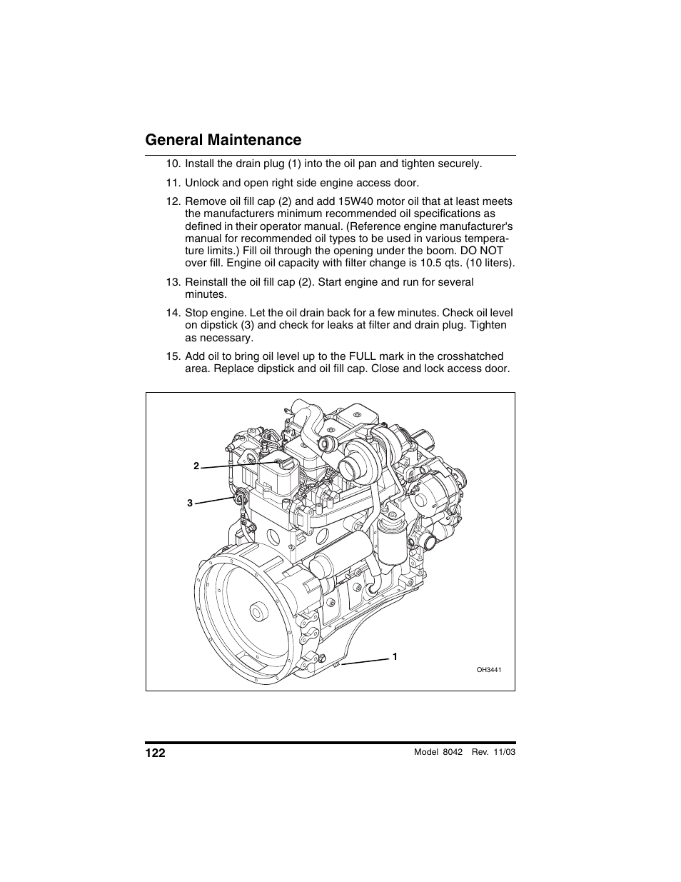 Unlock and open right side engine access door, General maintenance | SkyTrak 8042 Operation Manual User Manual | Page 124 / 190