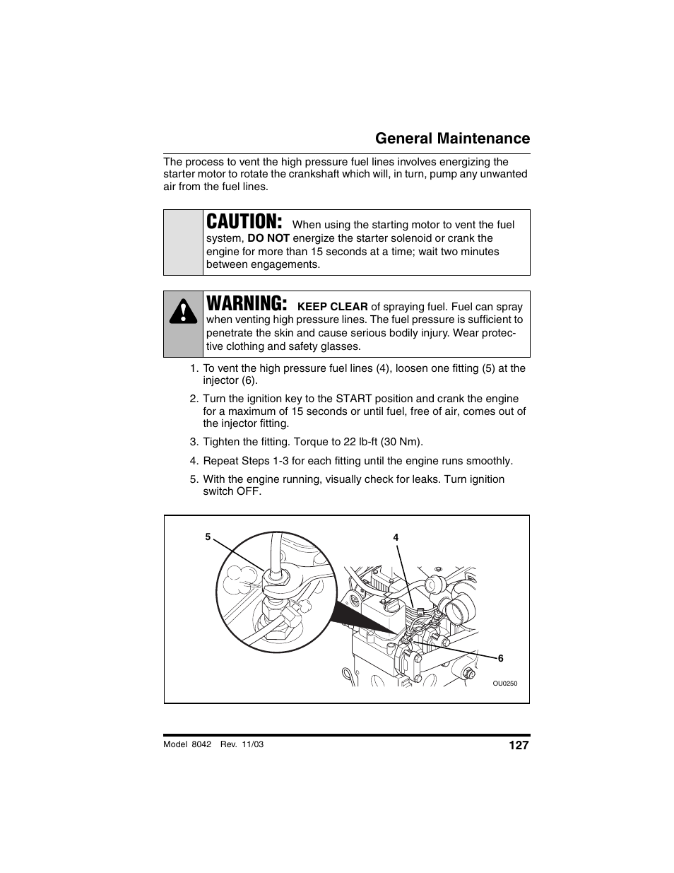 Tighten the fitting. torque to 22 lb-ft (30 nm), Caution, Warning | General maintenance | SkyTrak 8042 Operation Manual User Manual | Page 129 / 190