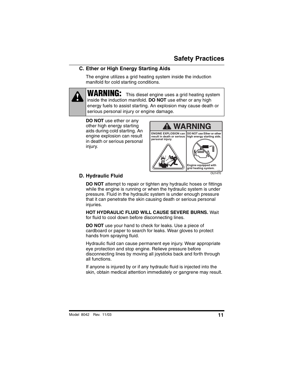 C. ether or high energy starting aids, D. hydraulic fluid, Warning | Safety practices | SkyTrak 8042 Operation Manual User Manual | Page 13 / 190