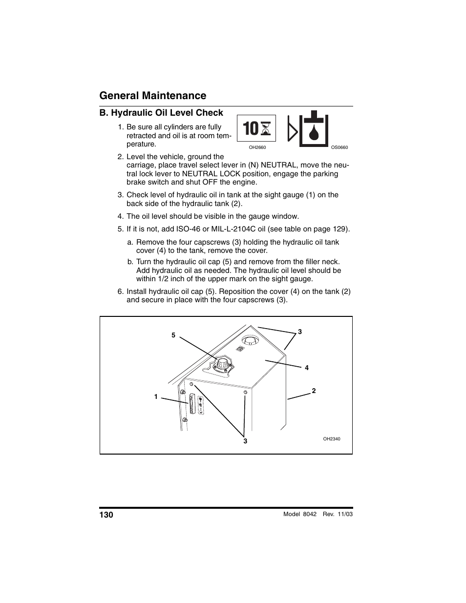 B. hydraulic oil level check, General maintenance | SkyTrak 8042 Operation Manual User Manual | Page 132 / 190