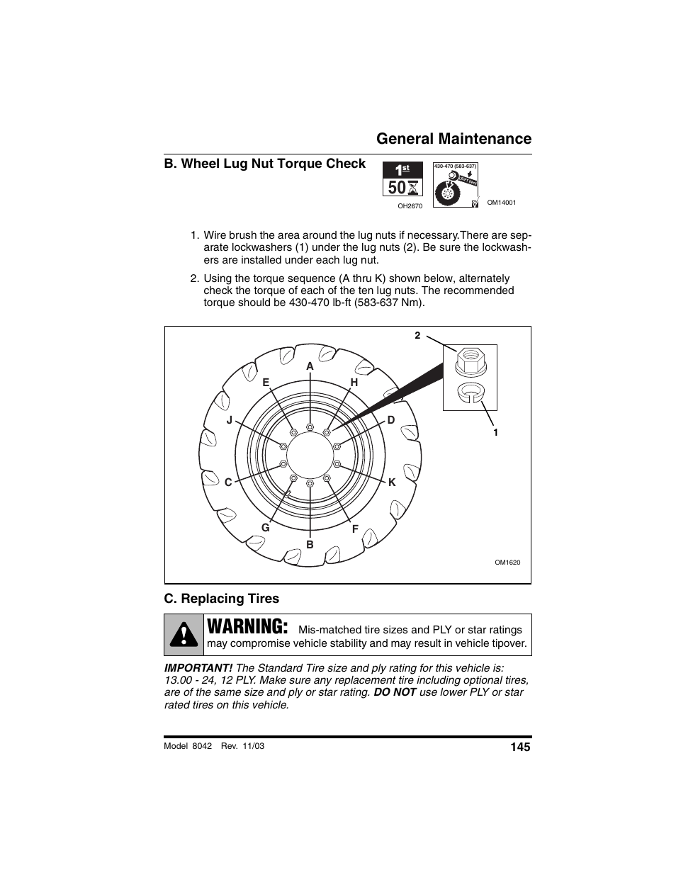 B. wheel lug nut torque check, C. replacing tires, Warning | General maintenance | SkyTrak 8042 Operation Manual User Manual | Page 147 / 190