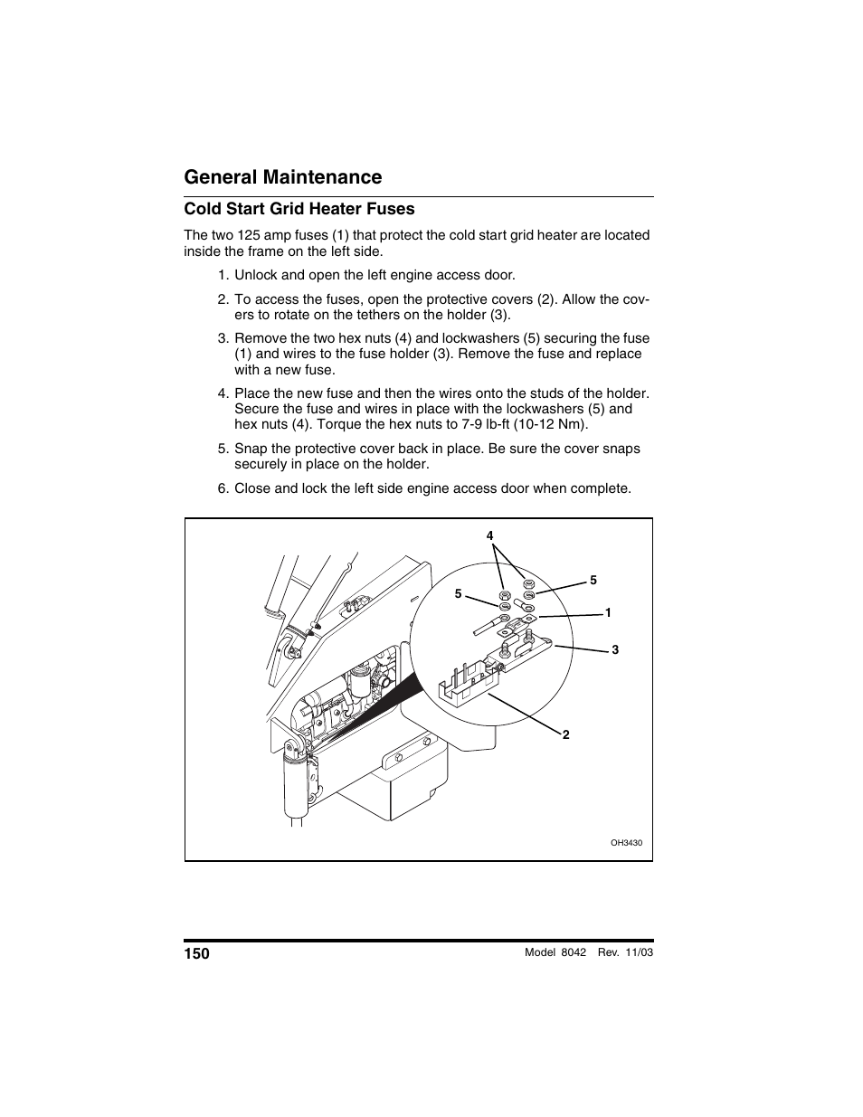 Cold start grid heater fuses, Unlock and open the left engine access door, General maintenance | SkyTrak 8042 Operation Manual User Manual | Page 152 / 190