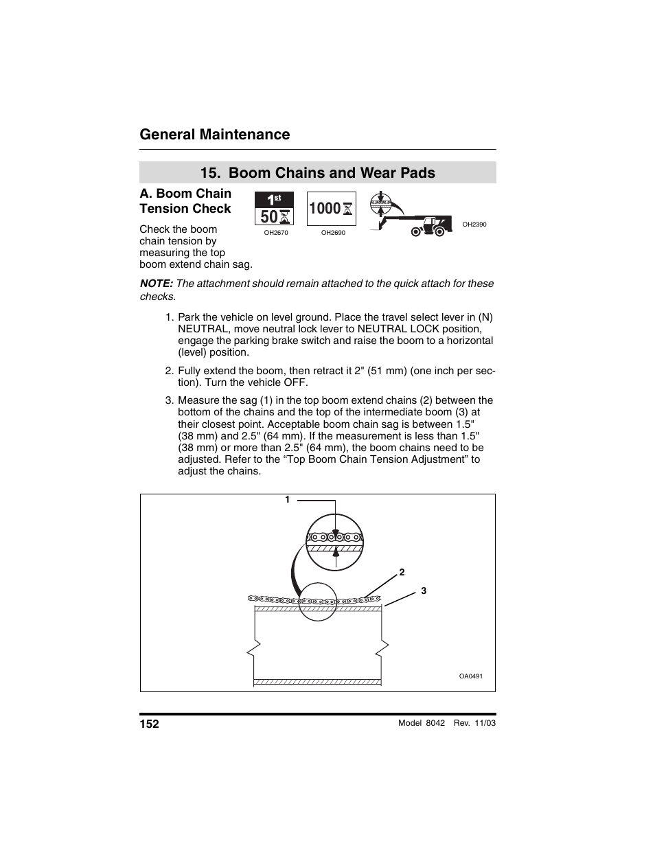  boom chains and wear pads, A. boom chain tension check, Boom chains and wear | Pads, General maintenance, Boom chains and wear pads | SkyTrak 8042 Operation Manual User Manual | Page 154 / 190