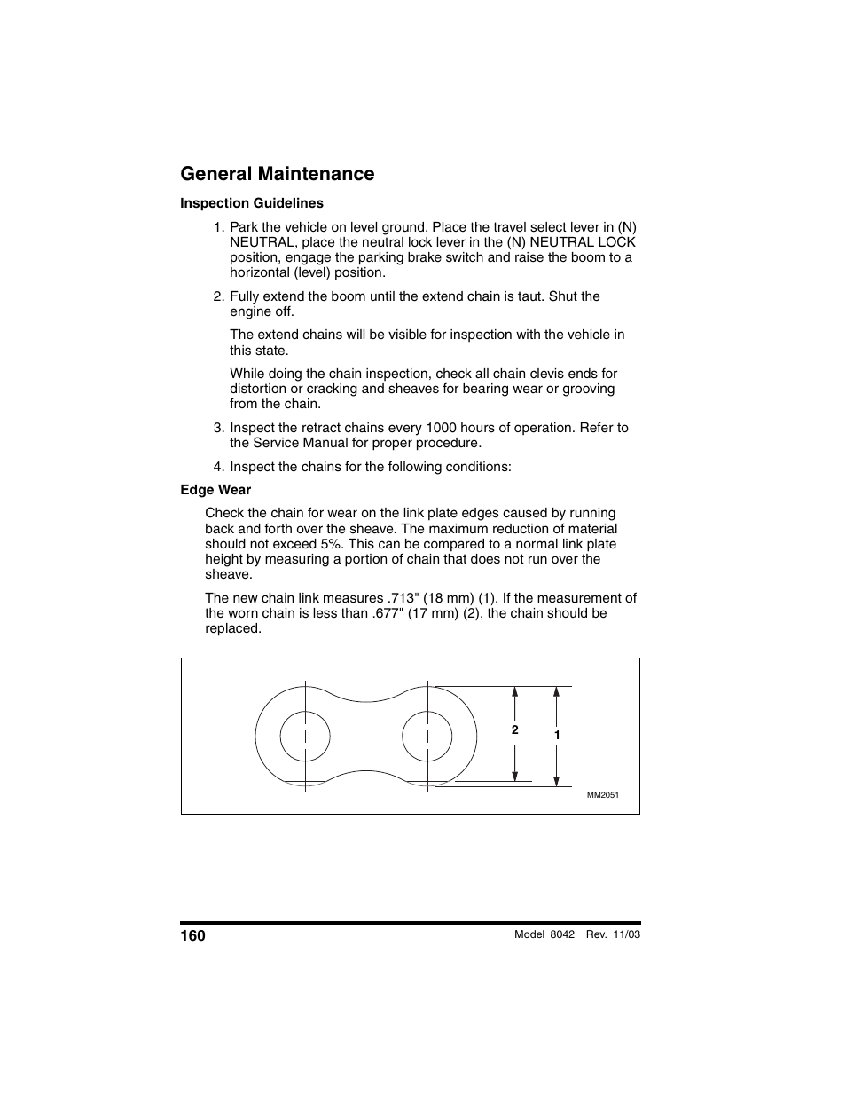 Inspect the chains for the following conditions, General maintenance | SkyTrak 8042 Operation Manual User Manual | Page 162 / 190