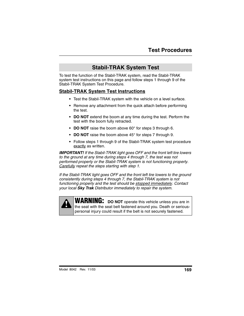 Test procedures, Stabil-trak system test, Stabil-trak system test instructions | Warning | SkyTrak 8042 Operation Manual User Manual | Page 171 / 190