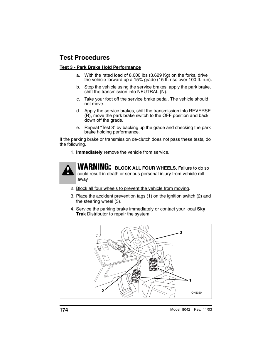 Immediately remove the vehicle from service, Warning, Test procedures | SkyTrak 8042 Operation Manual User Manual | Page 176 / 190