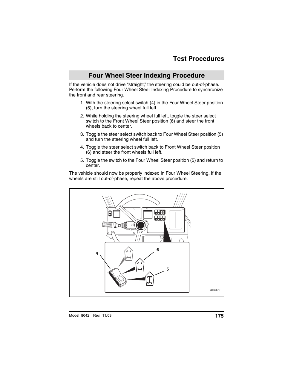 Four wheel steer indexing procedure, Four wheel steer indexing, Procedure | Test procedures | SkyTrak 8042 Operation Manual User Manual | Page 177 / 190