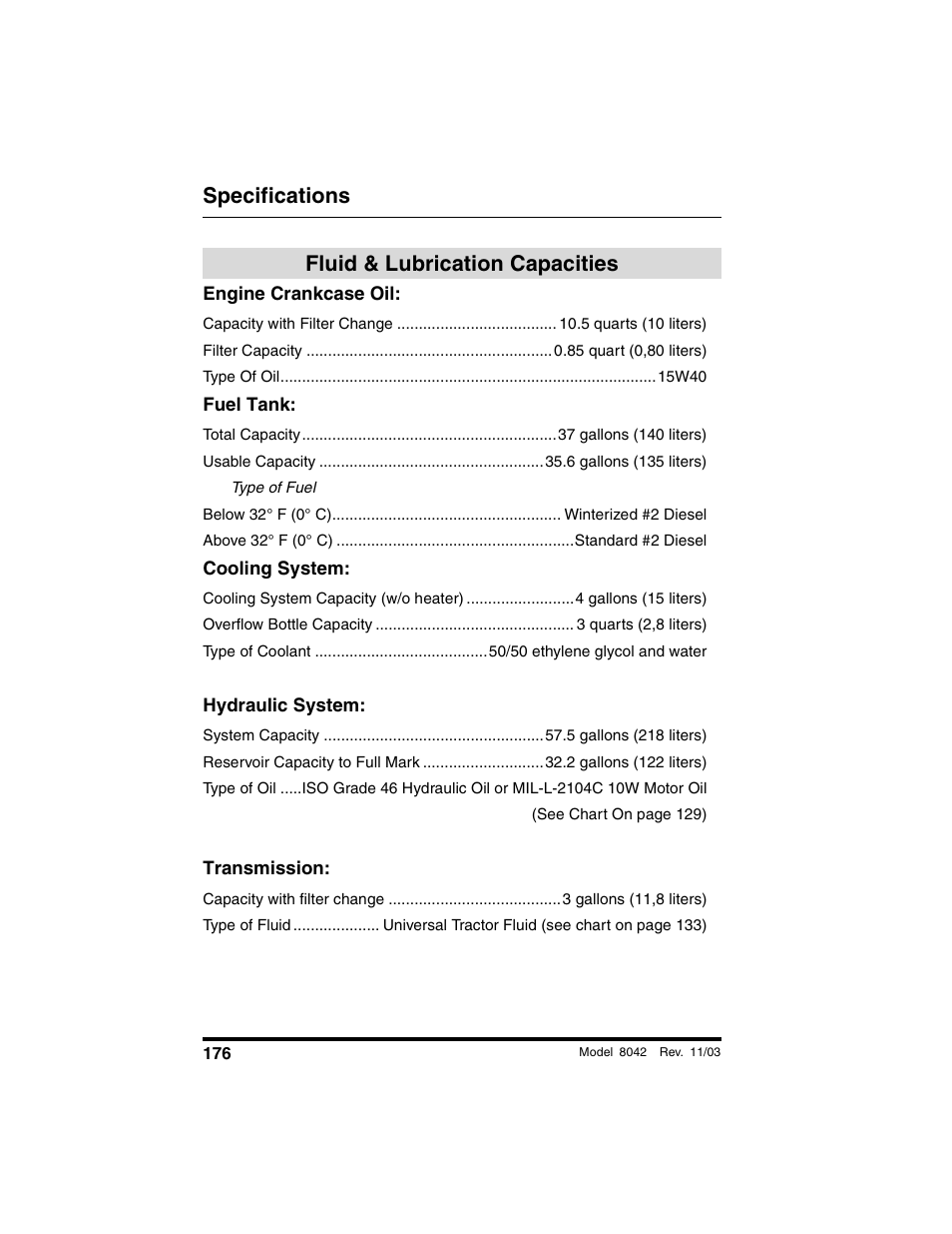 Specifications, Fluid & lubrication capacities, Engine crankcase oil | Fuel tank, Cooling system, Hydraulic system, Transmission | SkyTrak 8042 Operation Manual User Manual | Page 178 / 190