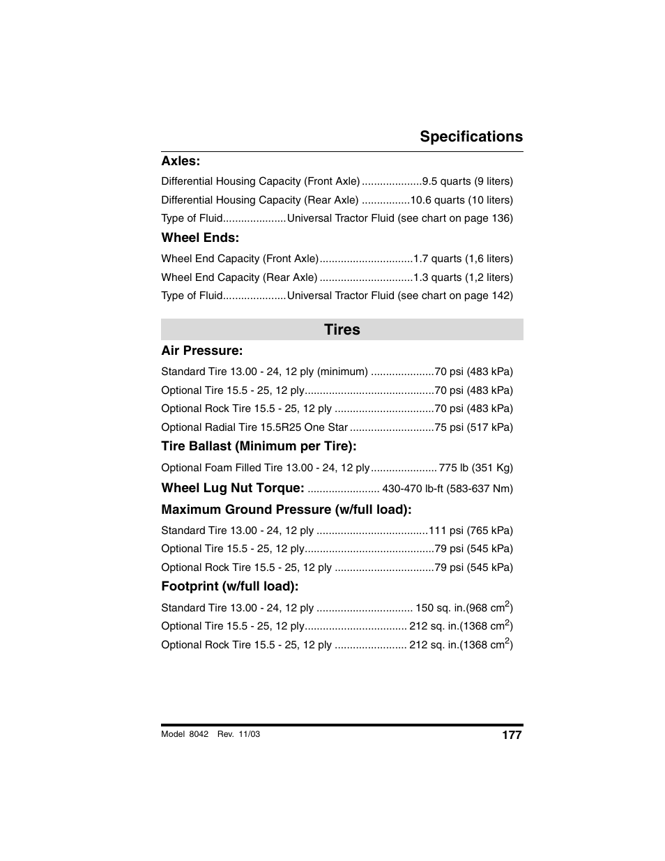 Axles, Wheel ends, Tires | Air pressure, Tire ballast (minimum per tire), Maximum ground pressure (w/full load), Footprint (w/full load), Specifications | SkyTrak 8042 Operation Manual User Manual | Page 179 / 190