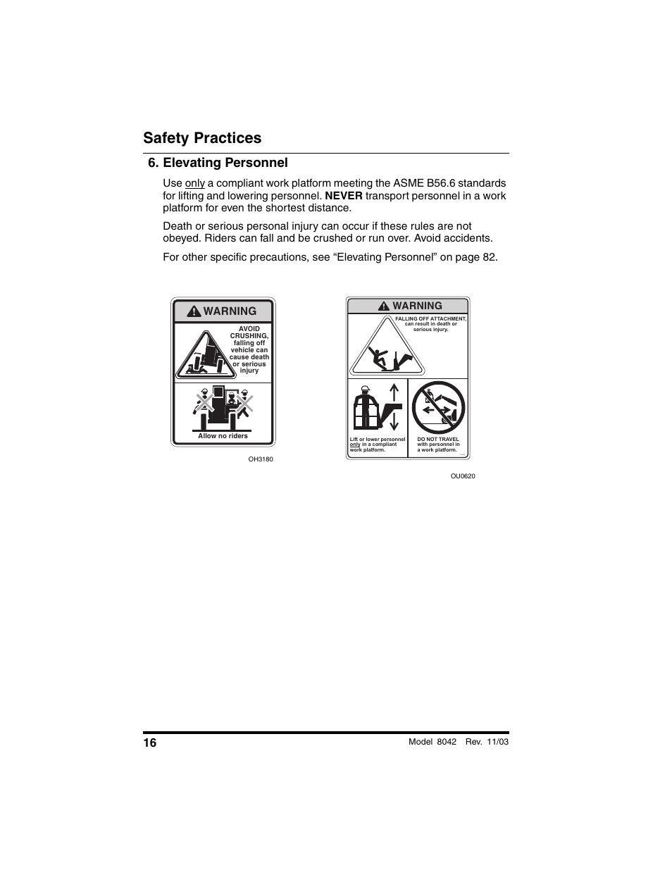 Elevating personnel, Safety practices | SkyTrak 8042 Operation Manual User Manual | Page 18 / 190