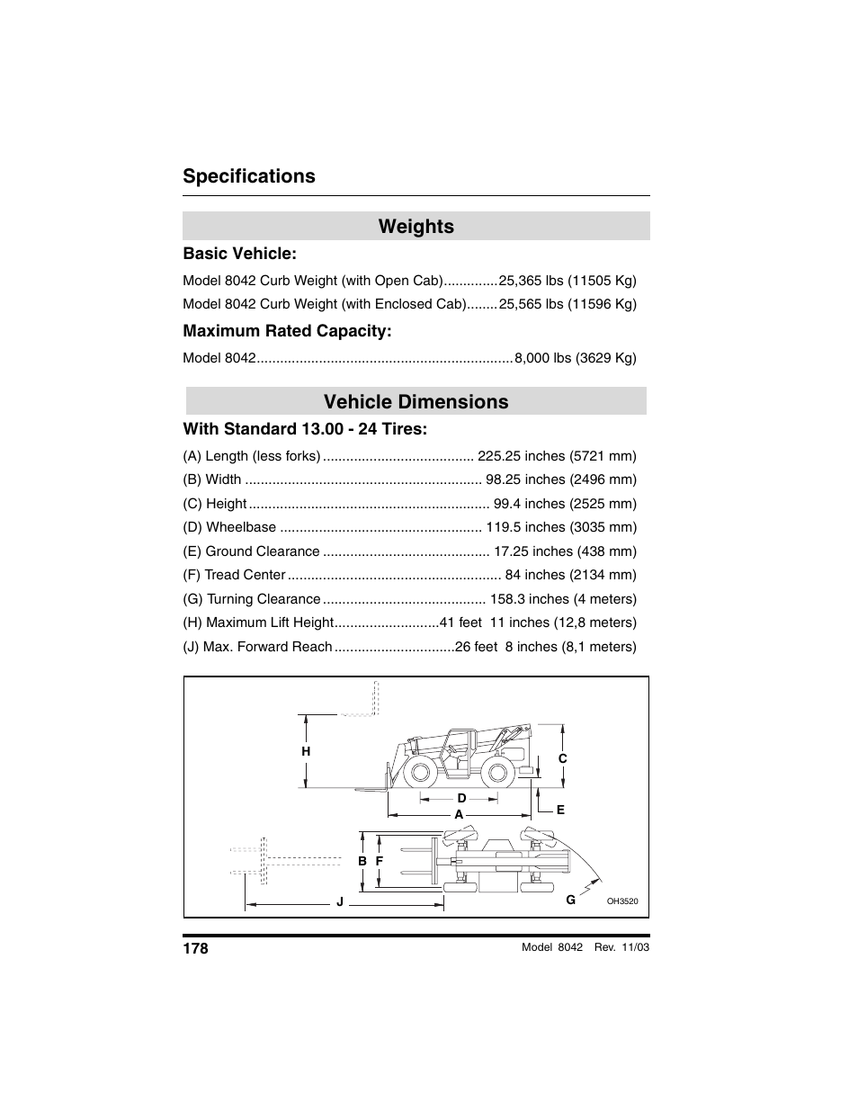 Weights, Basic vehicle, Vehicle dimensions | With standard 13.00 - 24 tires, Weights vehicle dimensions, Specifications | SkyTrak 8042 Operation Manual User Manual | Page 180 / 190