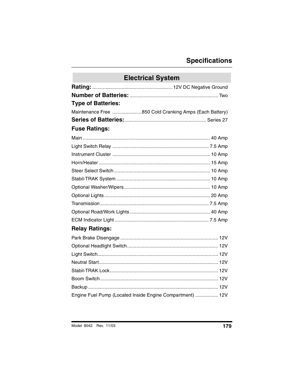 Electrical system, Fuse ratings, Relay ratings | Specifications | SkyTrak 8042 Operation Manual User Manual | Page 181 / 190