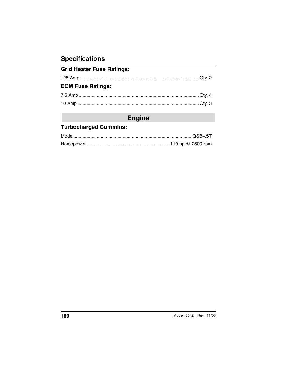 Grid heater fuse ratings, Ecm fuse ratings, Engine | Turbocharged cummins, Specifications | SkyTrak 8042 Operation Manual User Manual | Page 182 / 190