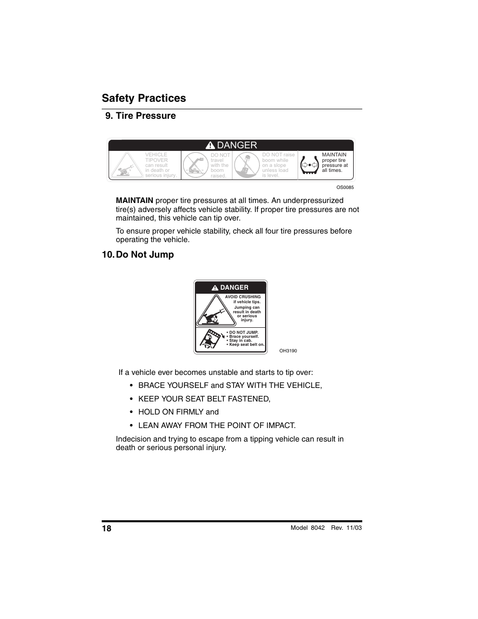 Tire pressure, Do not jump, Safety practices | Danger | SkyTrak 8042 Operation Manual User Manual | Page 20 / 190