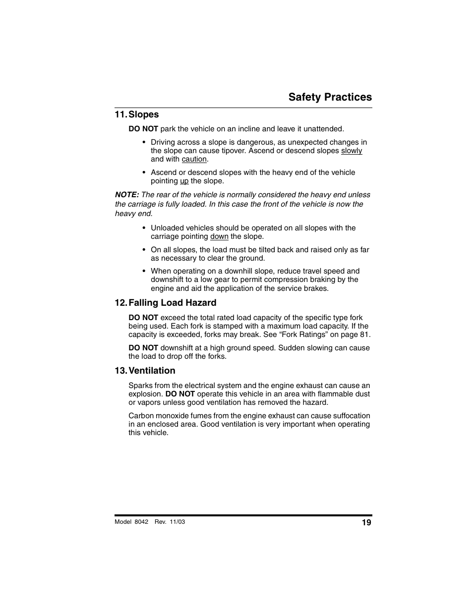 Slopes, Falling load hazard, Ventilation | Safety practices | SkyTrak 8042 Operation Manual User Manual | Page 21 / 190