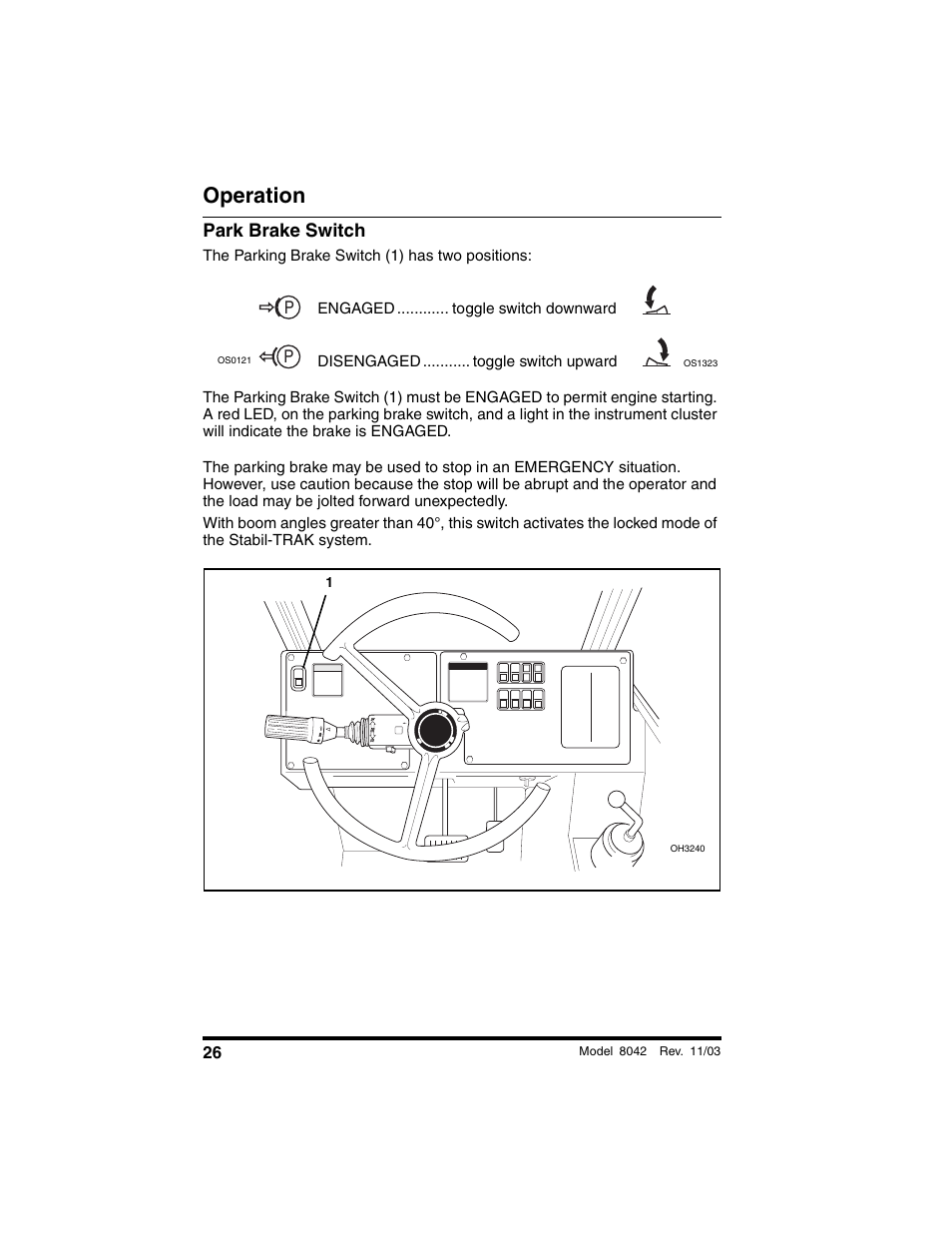 Park brake switch, Operation | SkyTrak 8042 Operation Manual User Manual | Page 28 / 190