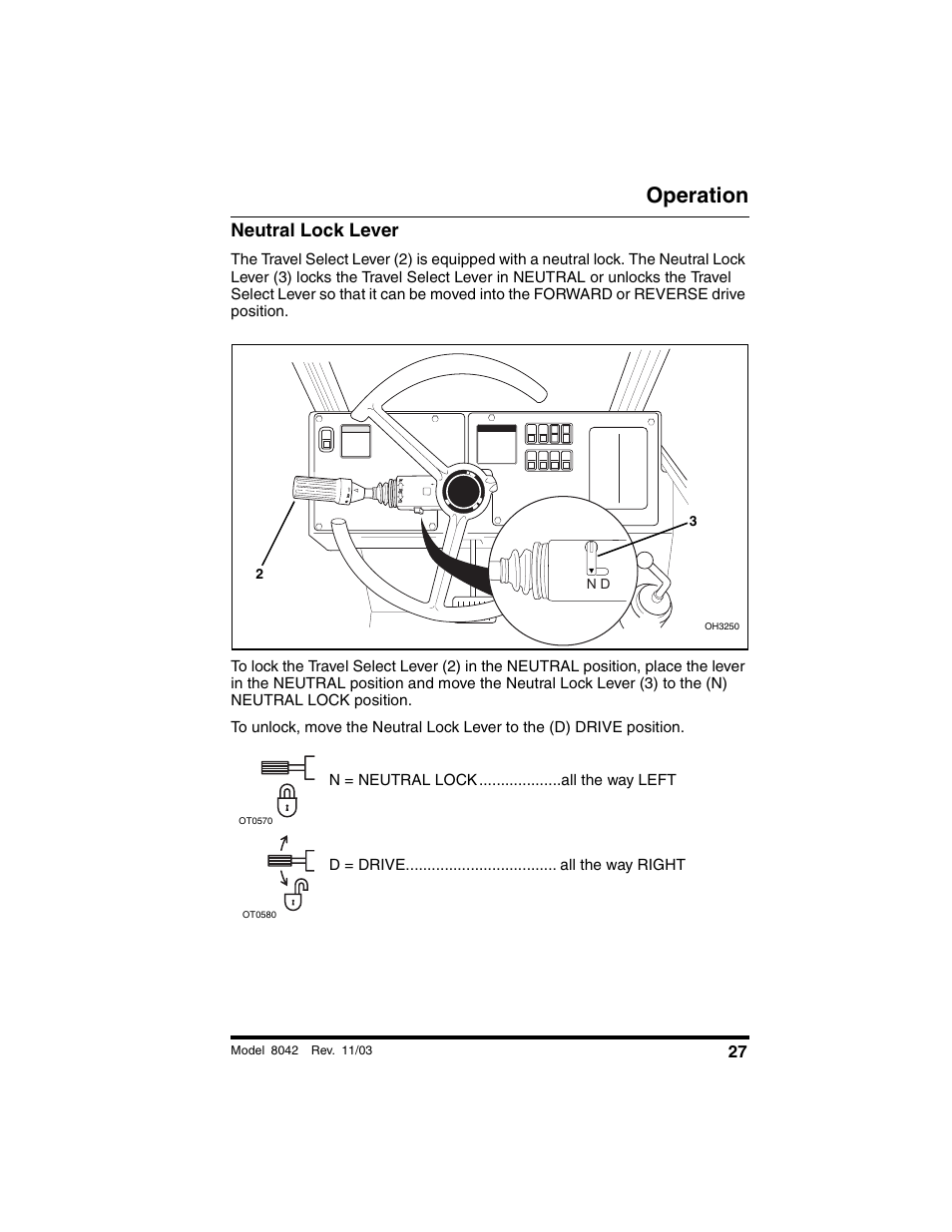 Neutral lock lever, Operation | SkyTrak 8042 Operation Manual User Manual | Page 29 / 190