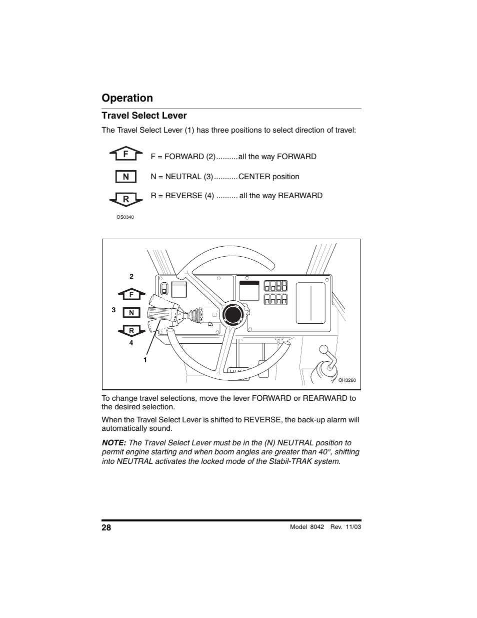 Travel select lever, Operation | SkyTrak 8042 Operation Manual User Manual | Page 30 / 190