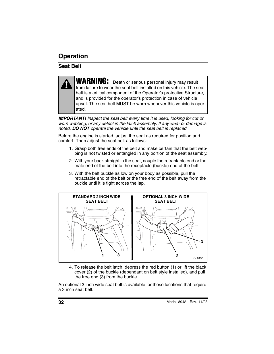 Seat belt, Warning, Operation | SkyTrak 8042 Operation Manual User Manual | Page 34 / 190