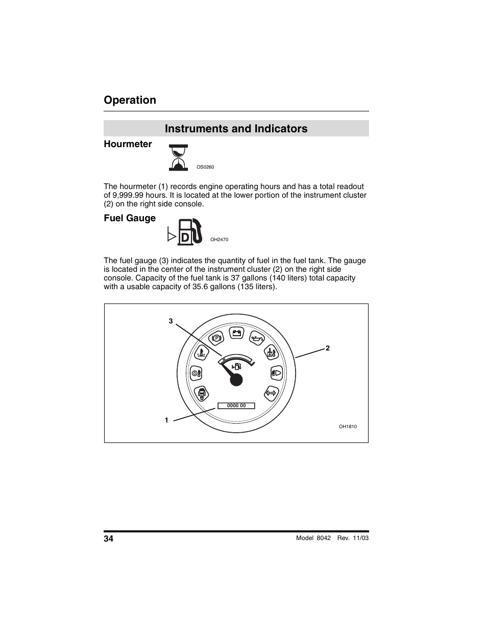 Instruments and indicators, Hourmeter, Fuel gauge | Operation | SkyTrak 8042 Operation Manual User Manual | Page 36 / 190