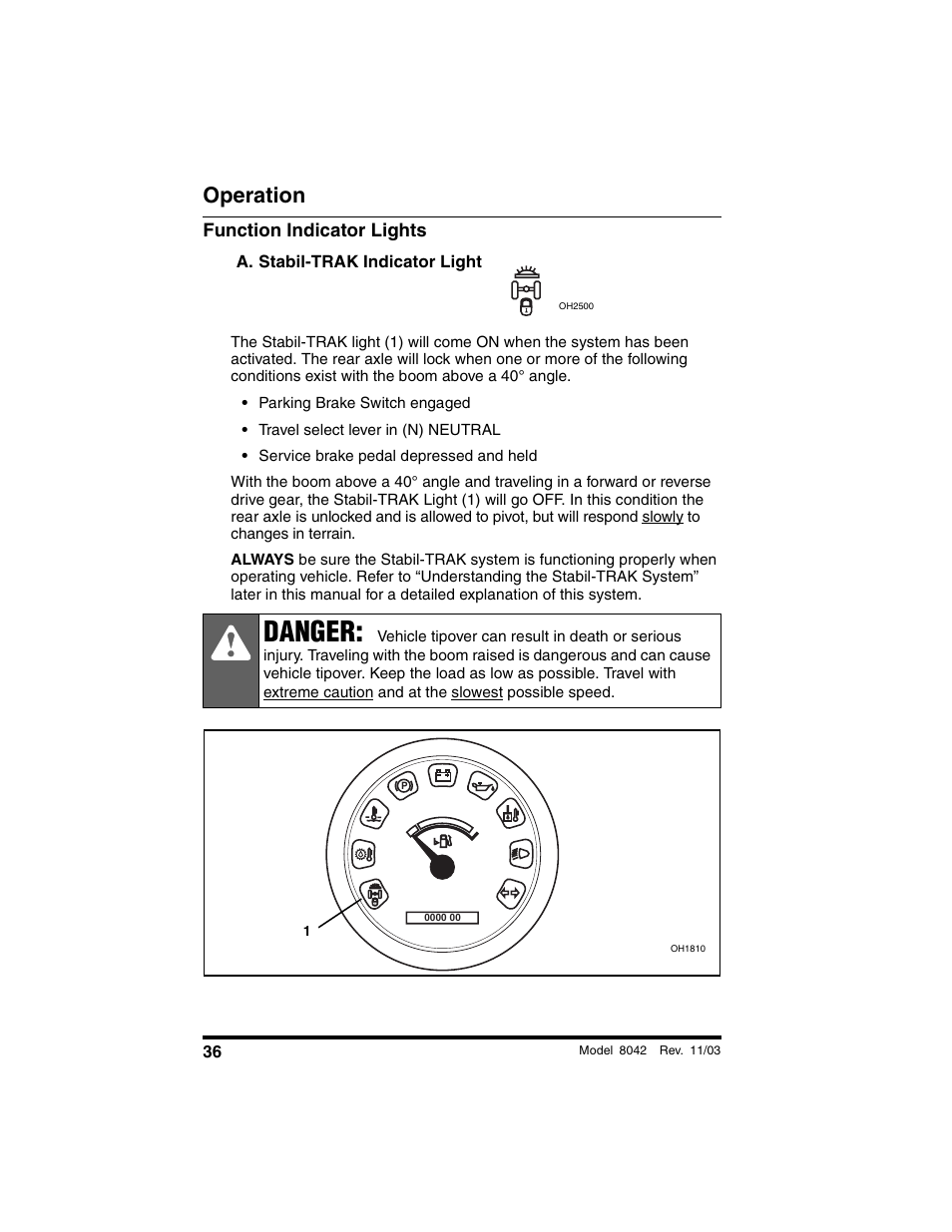 Function indicator lights, A. stabil-trak indicator light, Danger | Operation | SkyTrak 8042 Operation Manual User Manual | Page 38 / 190