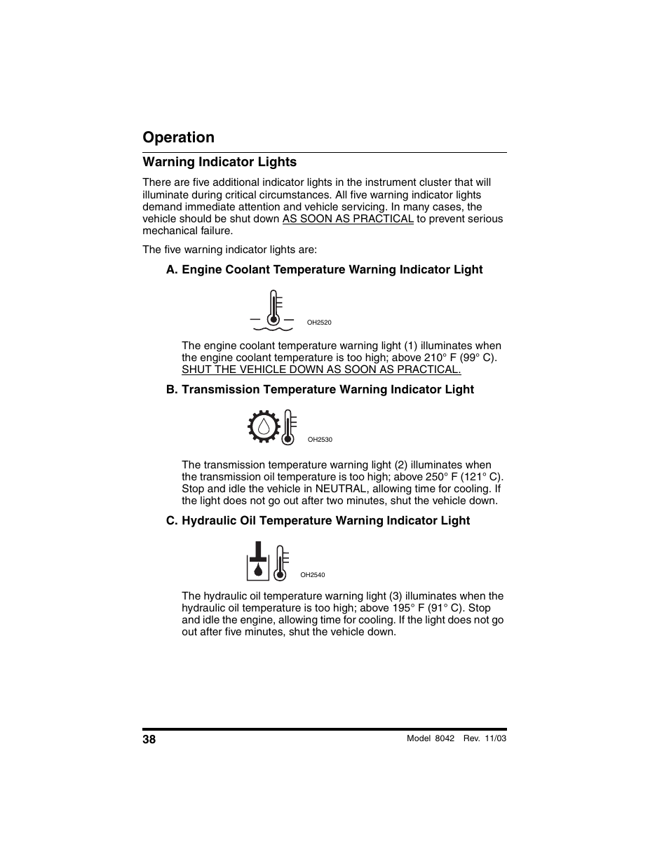 Warning indicator lights, Operation | SkyTrak 8042 Operation Manual User Manual | Page 40 / 190