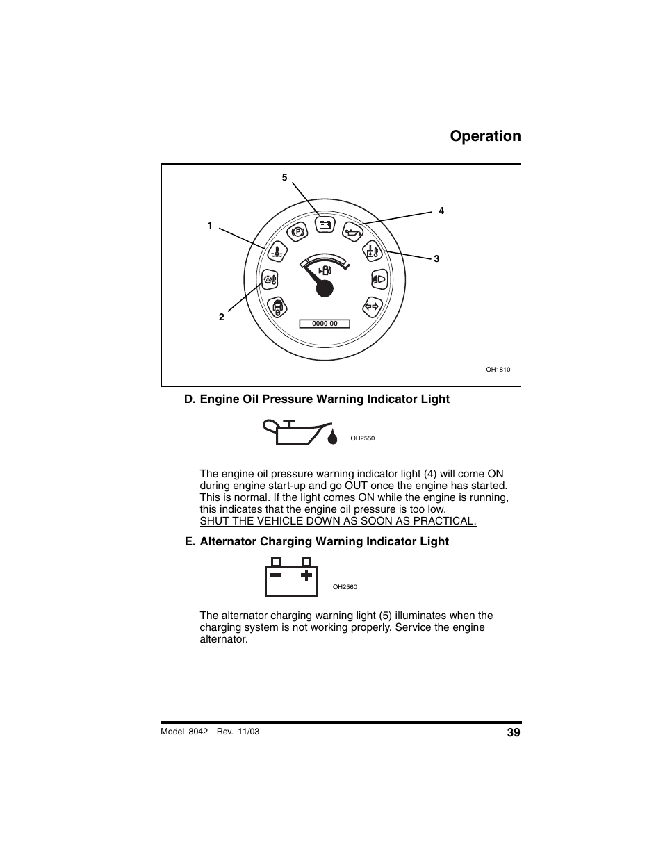 D. engine oil pressure warning indicator light, E. alternator charging warning indicator light, Operation | SkyTrak 8042 Operation Manual User Manual | Page 41 / 190