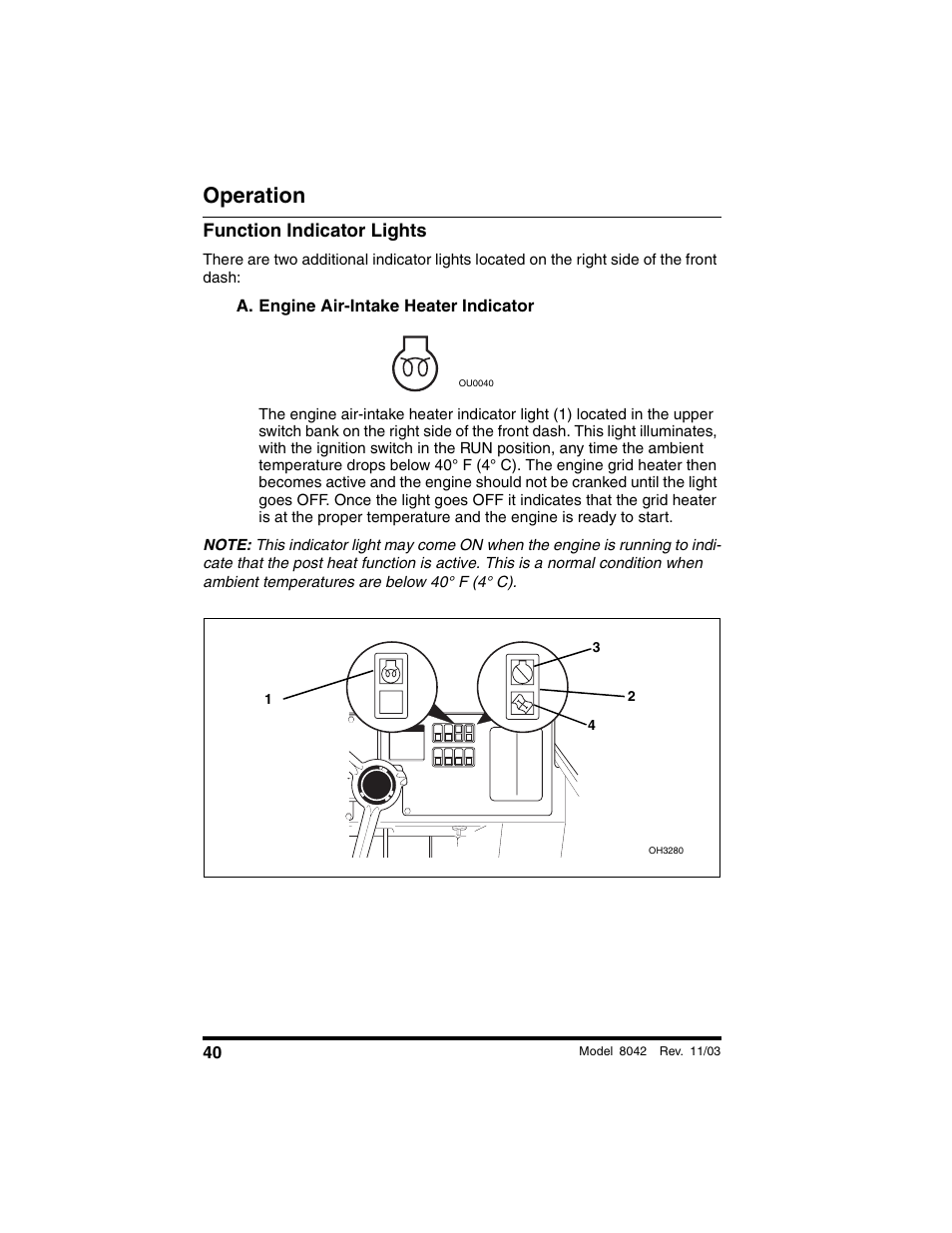 Function indicator lights, A. engine air-intake heater indicator, Operation | SkyTrak 8042 Operation Manual User Manual | Page 42 / 190