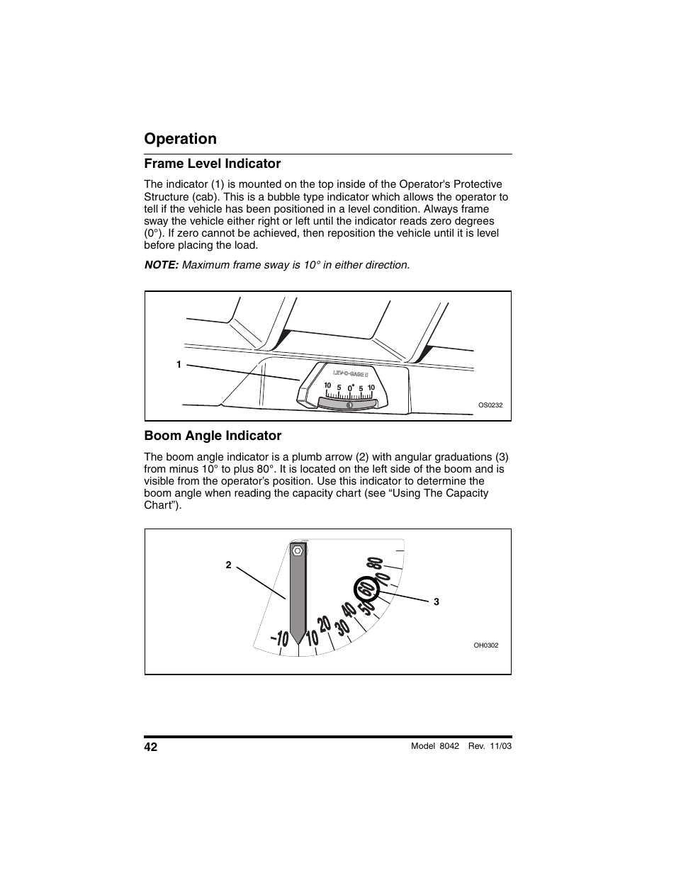 Frame level indicator, Boom angle indicator, Operation | SkyTrak 8042 Operation Manual User Manual | Page 44 / 190