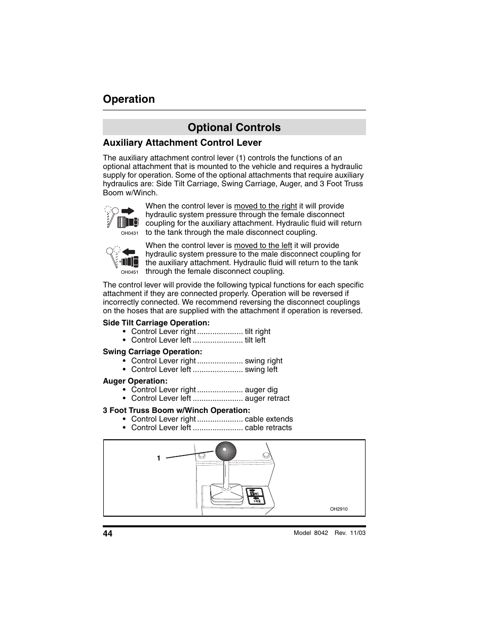 Optional controls, Auxiliary attachment control lever, Operation | SkyTrak 8042 Operation Manual User Manual | Page 46 / 190