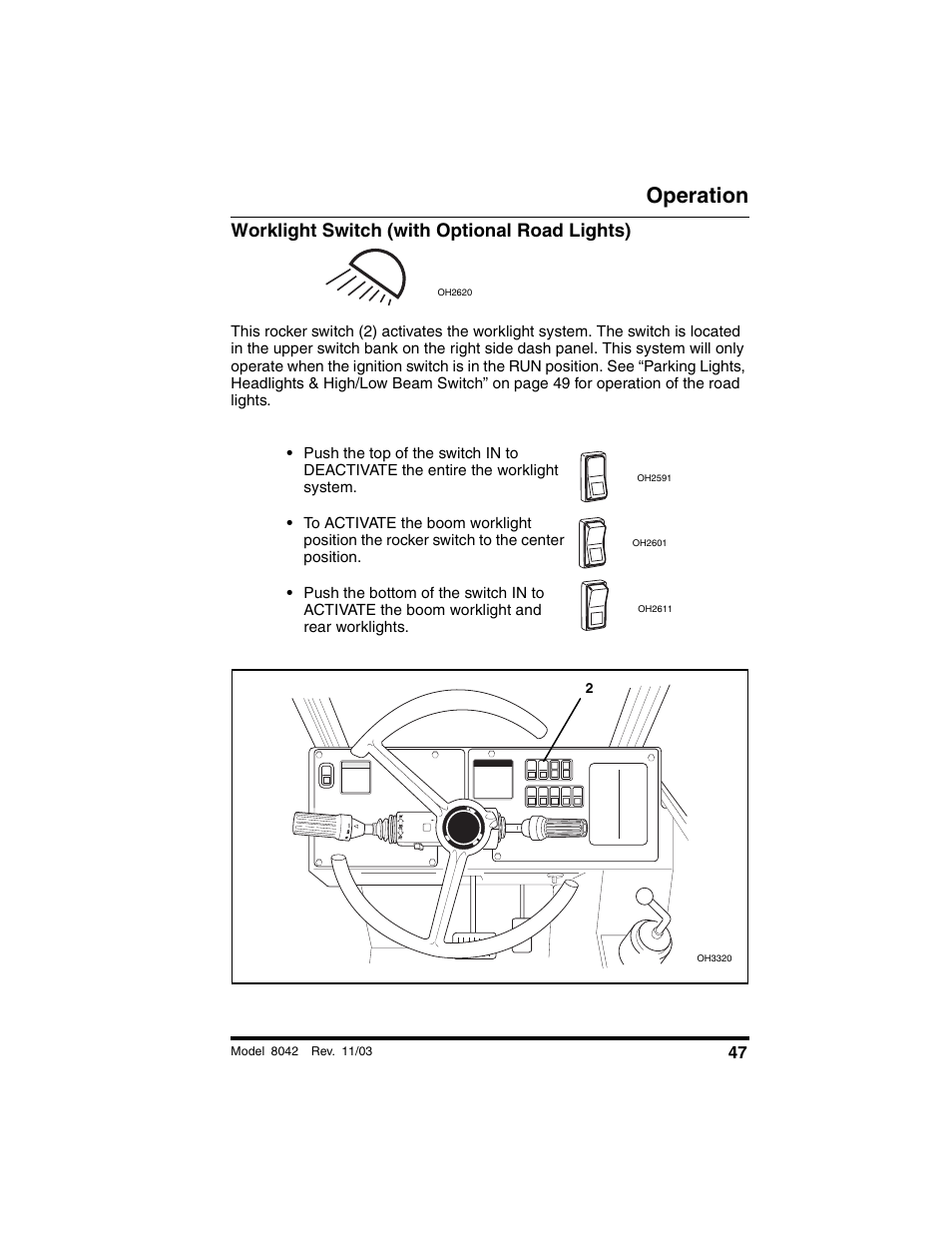 Worklight switch (with optional road lights), Operation | SkyTrak 8042 Operation Manual User Manual | Page 49 / 190