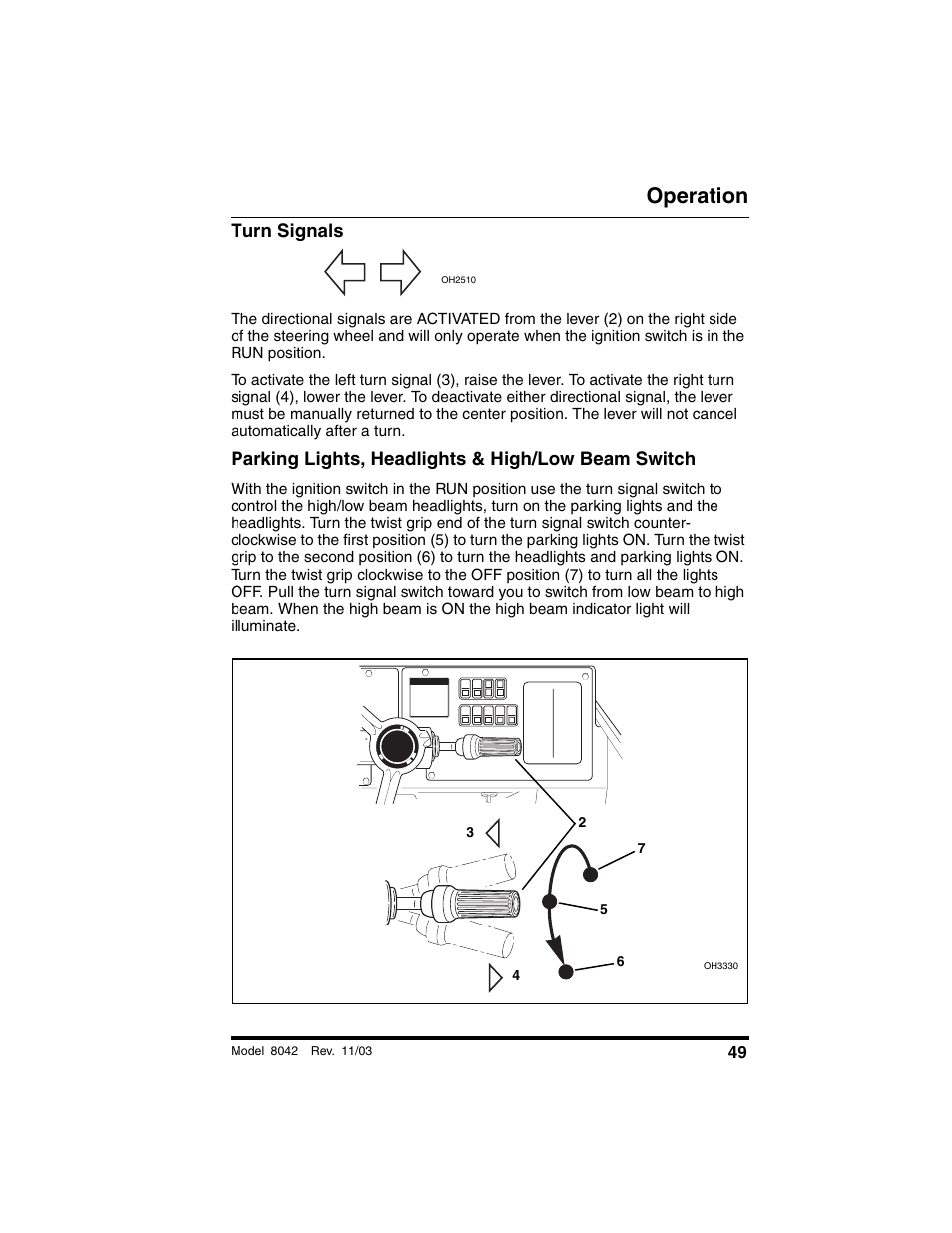 Turn signals, Parking lights, headlights & high/low beam switch, Operation | SkyTrak 8042 Operation Manual User Manual | Page 51 / 190