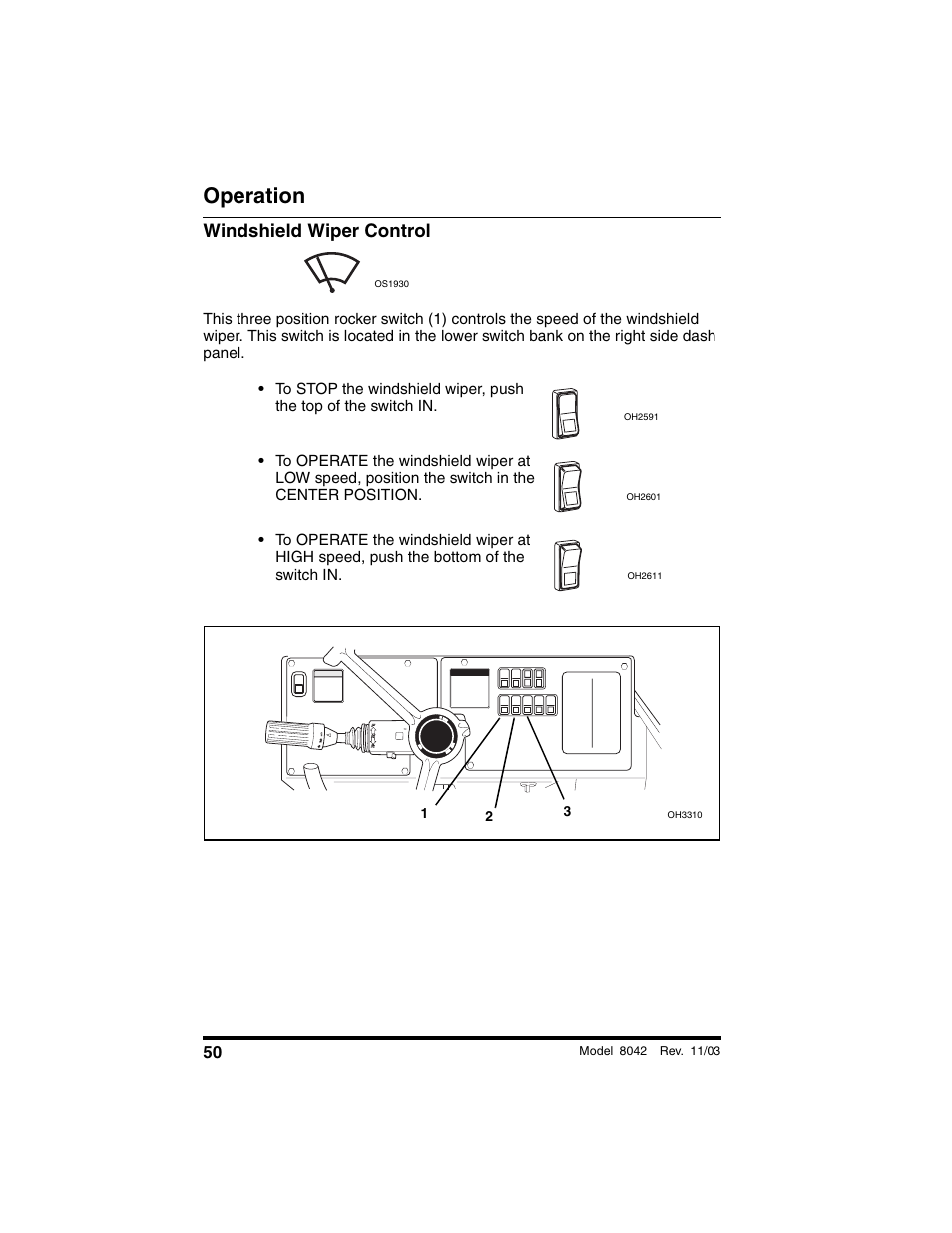 Windshield wiper control, Operation | SkyTrak 8042 Operation Manual User Manual | Page 52 / 190