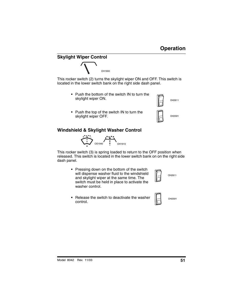 Skylight wiper control, Windshield & skylight washer control, Operation | SkyTrak 8042 Operation Manual User Manual | Page 53 / 190