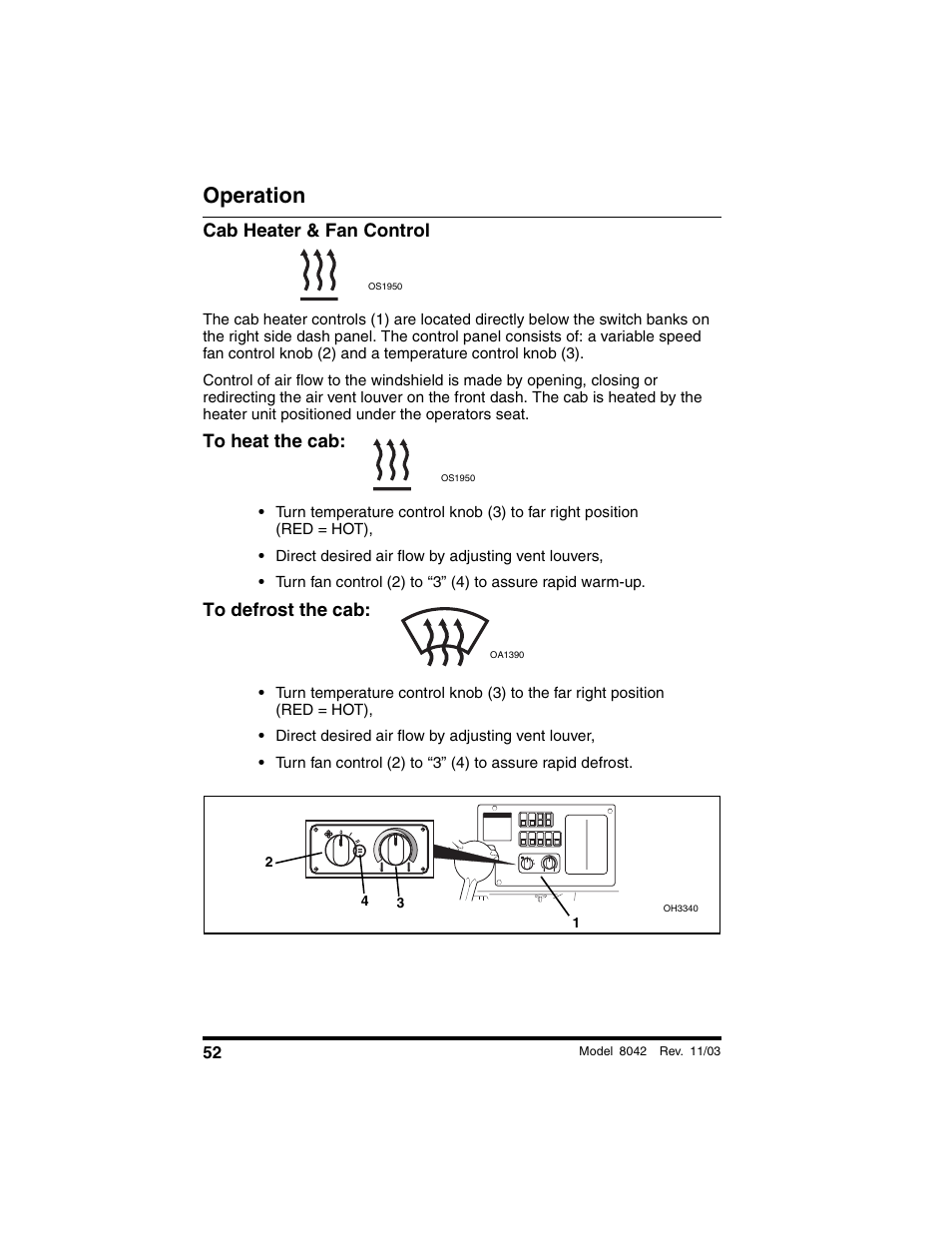 Cab heater & fan control, To heat the cab, To defrost the cab | Operation | SkyTrak 8042 Operation Manual User Manual | Page 54 / 190
