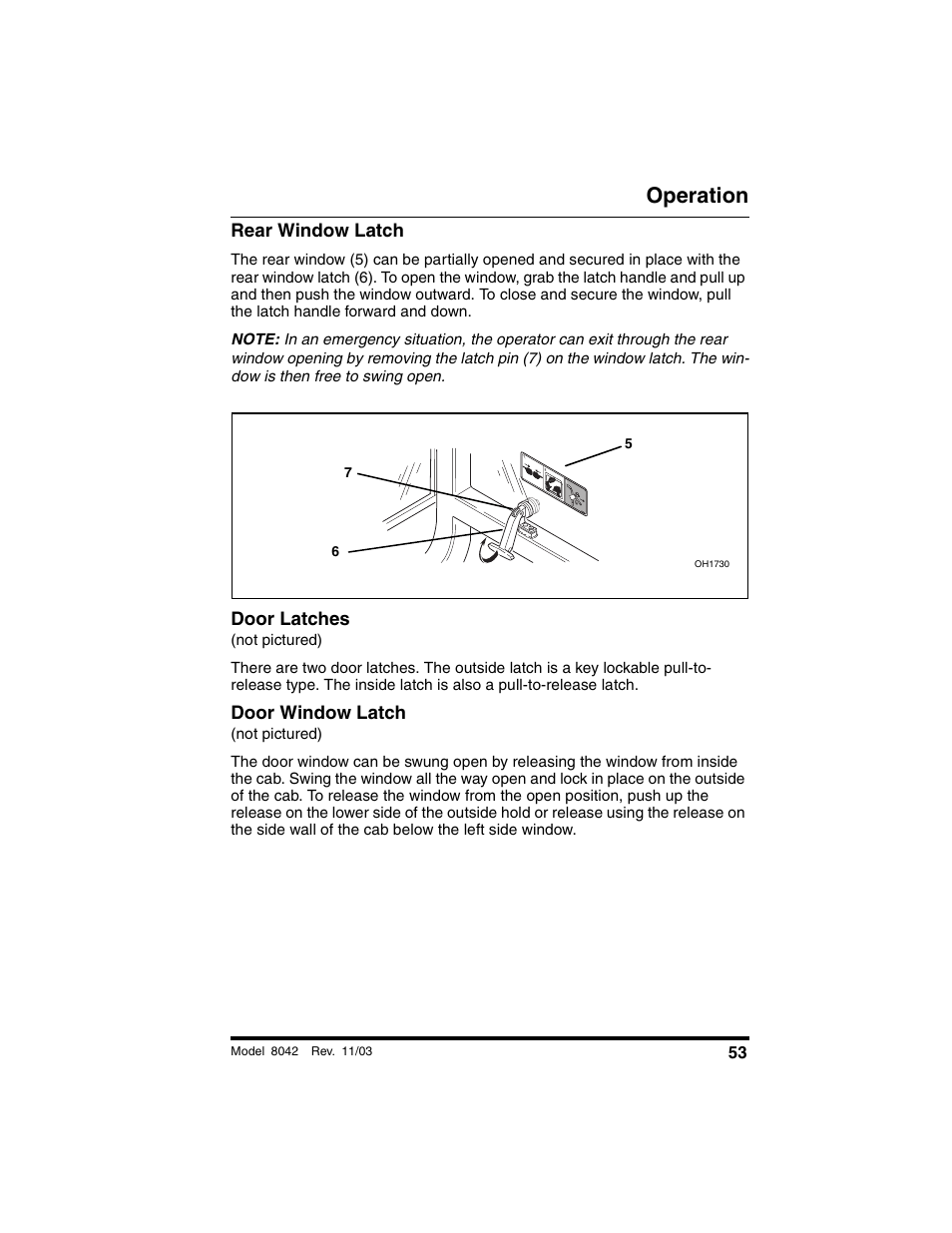Rear window latch, Door latches, Not pictured) | Door window latch, Operation | SkyTrak 8042 Operation Manual User Manual | Page 55 / 190