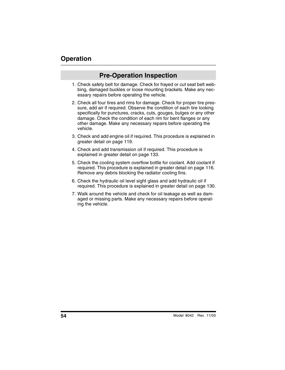 Pre-operation inspection, Operation | SkyTrak 8042 Operation Manual User Manual | Page 56 / 190