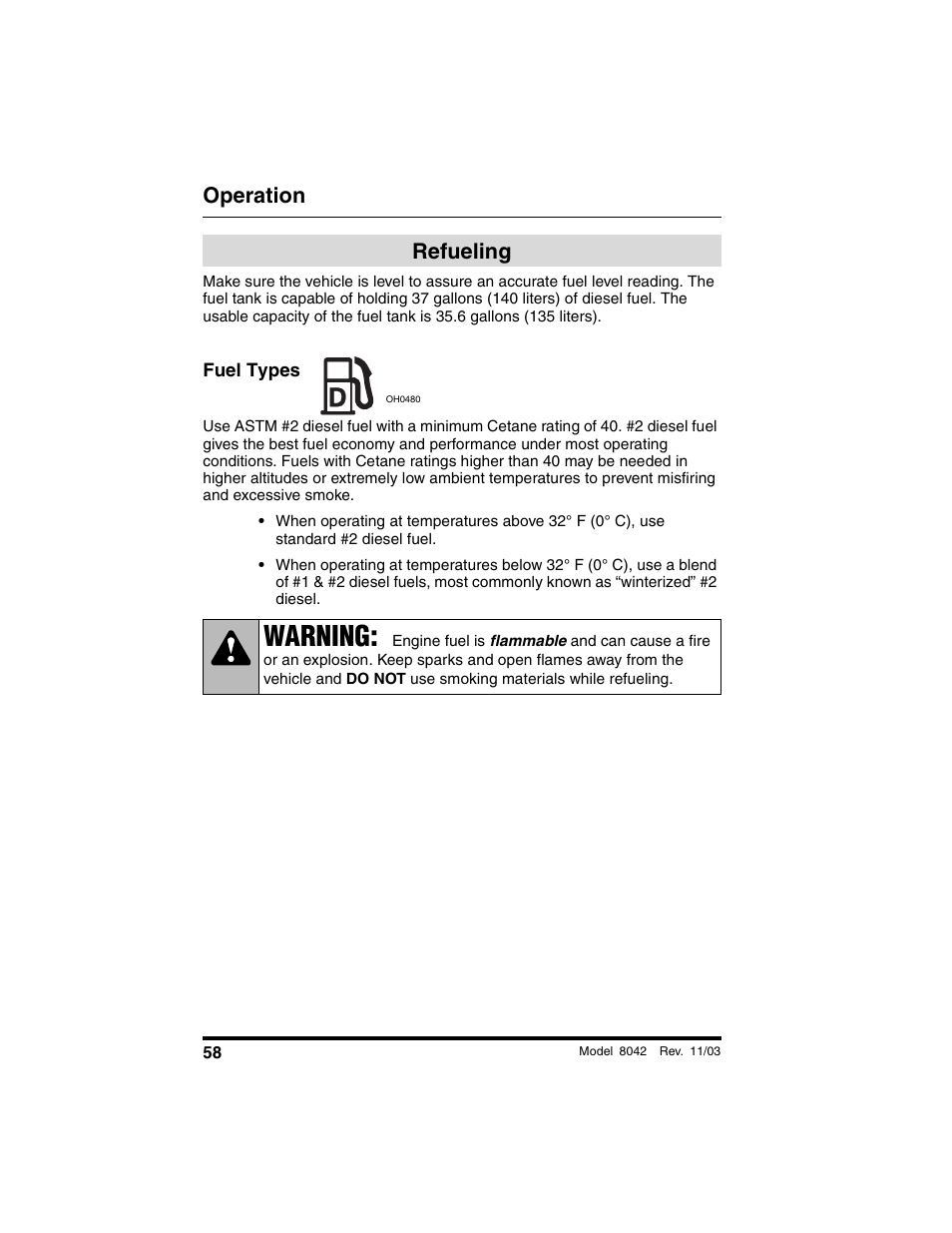Refueling, Fuel types, Warning | Operation | SkyTrak 8042 Operation Manual User Manual | Page 60 / 190