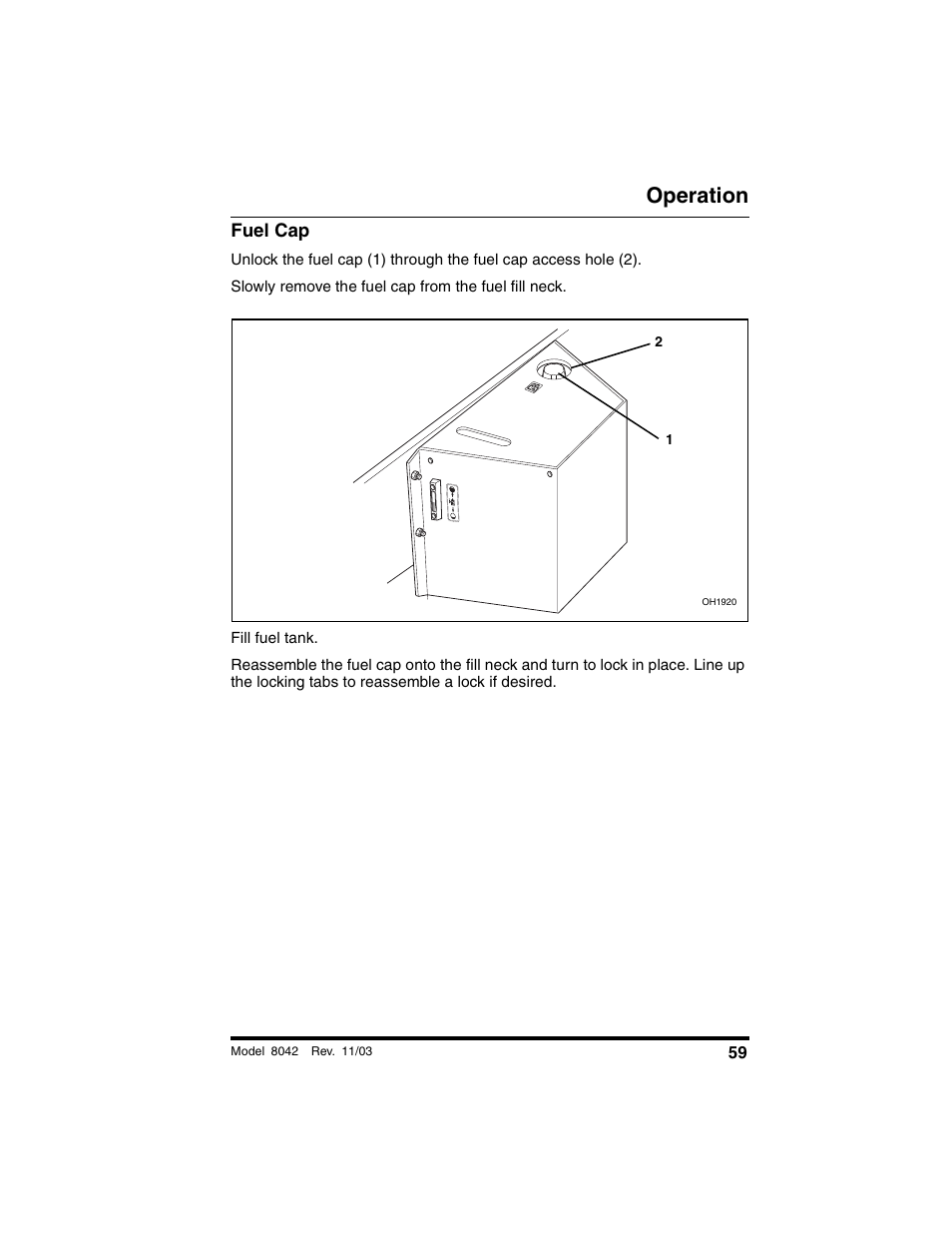 Fuel cap, Operation | SkyTrak 8042 Operation Manual User Manual | Page 61 / 190