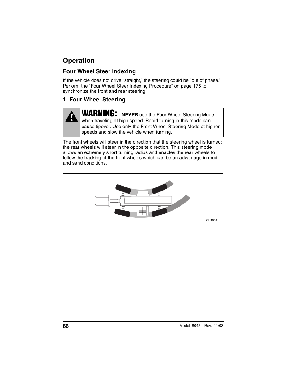 Four wheel steer indexing, Four wheel steering, Warning | Operation | SkyTrak 8042 Operation Manual User Manual | Page 68 / 190