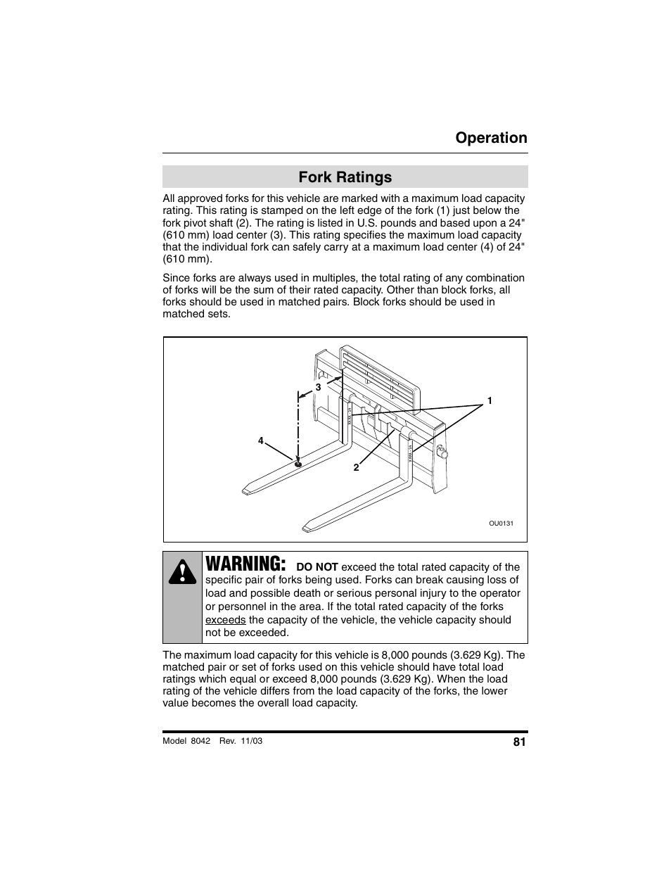 Fork ratings, Warning, Operation | SkyTrak 8042 Operation Manual User Manual | Page 83 / 190