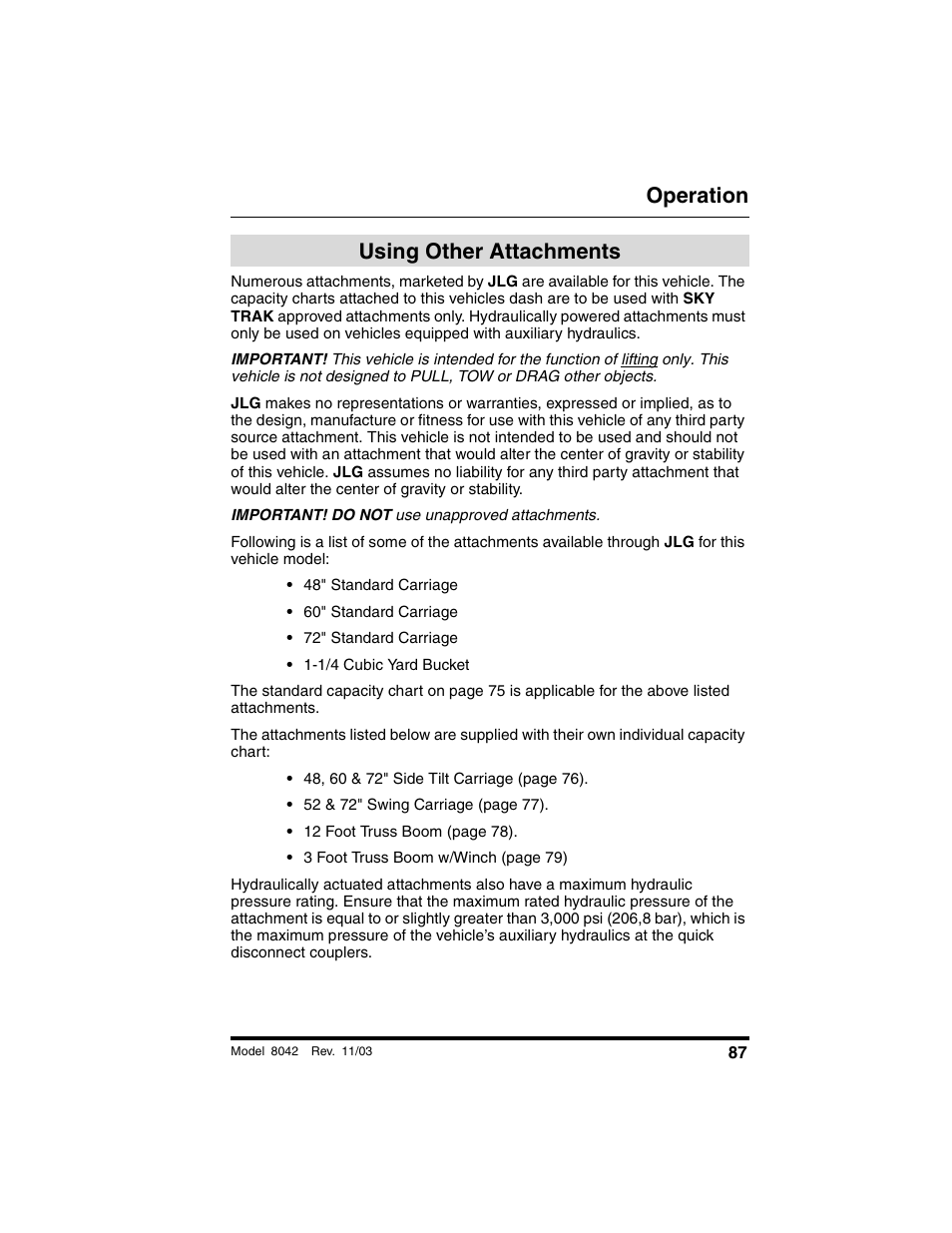 Using other attachments, Operation | SkyTrak 8042 Operation Manual User Manual | Page 89 / 190
